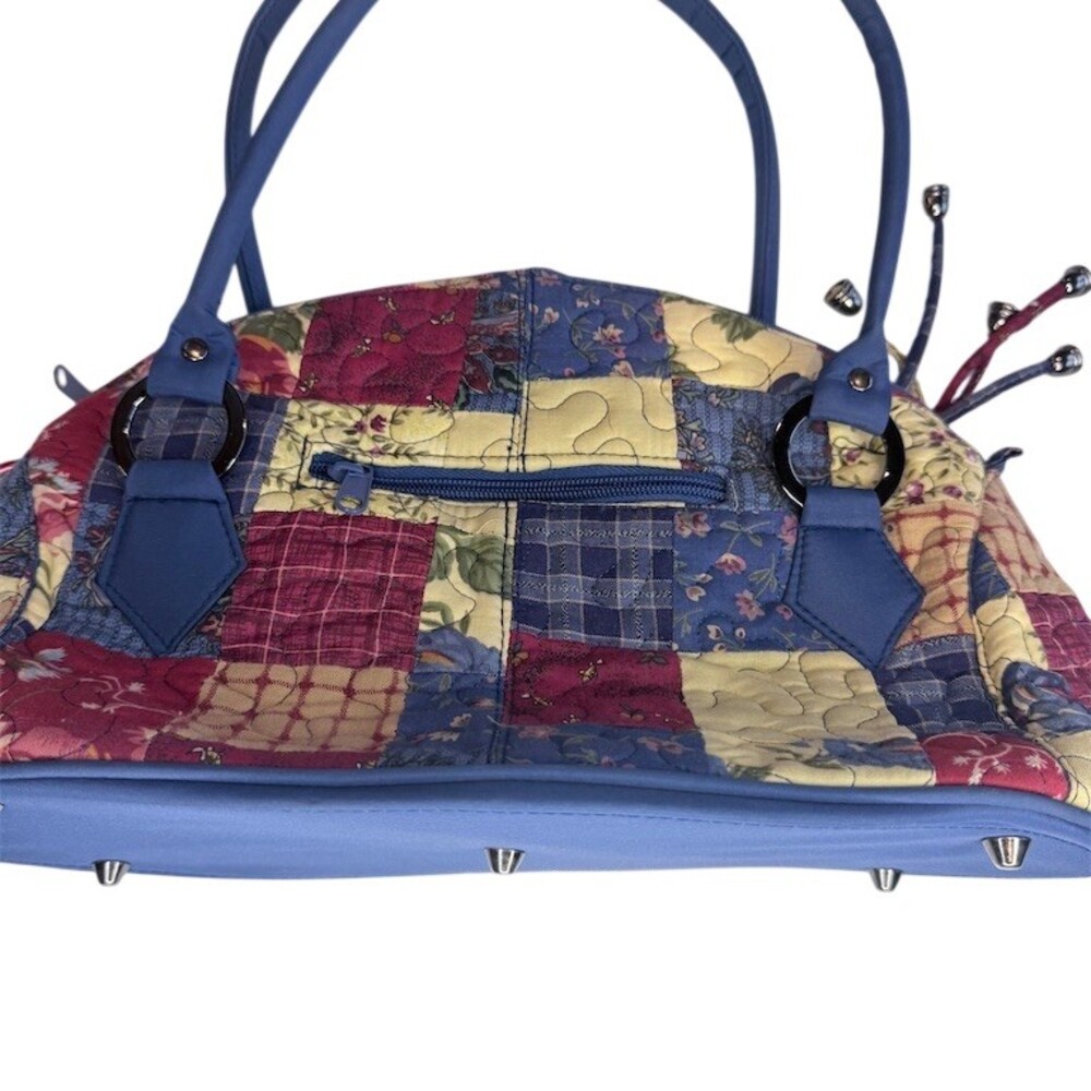 Donna Sharp Quilted Patchwork Dome Satchel Shoulder Bag Floral Plaid Blue